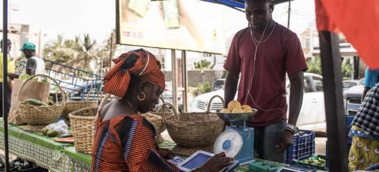 Woman at market working with mobile device